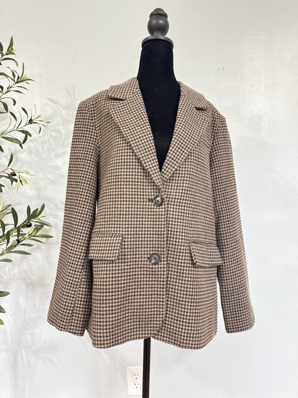 Vero Moda Houndstooth Blazer Size Sm Chocolate Brown Preppy Academia Oversized